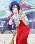  absurdres aqua_eyes blue_hair day hair_ribbon hakama highres index_finger_raised japanese_clothes leaning_forward long_hair looking_at_viewer love_live! love_live!_school_idol_project miko official_art outdoors red_hakama red_ribbon ribbon shrine solo toujou_nozomi 