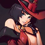  bangs bare_shoulders black_hair blunt_bangs bob_cut breasts center_opening choker cleavage detached_sleeves fingerless_gloves gloves green_eyes guilty_gear hat i-no ilya_kuvshinov large_breasts lips looking_at_viewer mole mole_above_mouth red_hat solo 