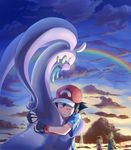  2girls baseball_cap black_gloves citron_(pokemon) close-up closed_eyes cloud cloudy_sky crying eureka_(pokemon) fedora fingerless_gloves gen_6_pokemon gloves goodra hat highres ho-oh_(artist) hug multiple_boys multiple_girls pokemon pokemon_(anime) pokemon_(creature) pokemon_xy_(anime) rainbow rubbing_eyes satoshi_(pokemon) serena_(pokemon) sky tears upper_body vest 