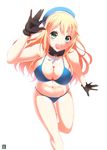 :d \||/ atago_(kantai_collection) bikini black_gloves blonde_hair blush breasts cleavage gloves green_eyes hat highres kantai_collection large_breasts long_hair looking_at_viewer midriff navel ookami_maito open_mouth running simple_background smile solo swimsuit white_background 