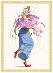  anklet bandages bangs belt blue_pants border bracelet budget_sarashi closed_mouth detached_collar etotama full_body hair_rings highres jewelry koike_satoshi leg_up long_hair looking_at_viewer no_socks non-web_source official_art pants parted_bangs puffy_pants red_footwear sarashi see-through see-through_silhouette shaa-tan shawl shoes smile solo standing standing_on_one_leg tiara 