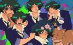  cat chibi cigarette closed_eyes collar cowboy_bebop doctornology eating ein_(cowboy_bebop) food highres necktie one_eye_closed red_collar sandwich scene_reference shirt spike_spiegel tongue tongue_out welsh_corgi white_shirt 