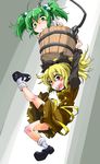  blonde_hair bow bucket green_eyes green_hair hair_bobbles hair_bow hair_ornament hanging_on highres in_bucket in_container kisume kurodani_yamame multiple_girls open_mouth ponytail red_eyes ribbon shinapuu short_hair smile touhou twintails wooden_bucket 