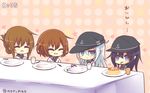  :d ^_^ akatsuki_(kantai_collection) anchor_symbol bad_id bad_pixiv_id black_hair blue_eyes brown_hair closed_eyes fang flat_cap folded_ponytail food fork fork_in_mouth hair_ornament hairclip hat hibiki_(kantai_collection) ikazuchi_(kantai_collection) inazuma_(kantai_collection) kantai_collection knife long_hair long_sleeves multiple_girls nor_nao open_mouth pancake plate ponytail school_uniform serafuku short_hair silver_hair smile translated twitter_username 