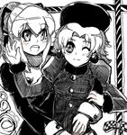  blush coat dress earrings greyscale hair_ribbon hat jewelry kalinka_cossack long_hair monochrome multiple_girls one_eye_closed open_mouth ponytail ribbon rockman rockman_(classic) roll smile 