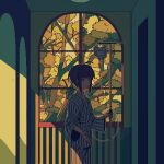  1girl ahoge black_hair character_request chinese_commentary closed_mouth commentary_request copyright_request cowboy_shot expressionless grey_pants grey_shirt indoors iv_stand lizeyan_(cpj) long_sleeves lowres pants pixel_art purple_eyes shirt solo striped_clothes striped_shirt tree window 