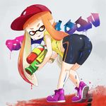 ass bent_over bike_shorts brown_eyes brown_hair domino_mask from_behind hat inkling long_hair looking_back mask midriff paint pointy_ears shirt shoes shorts smile sneakers solo splatoon_(series) splatoon_1 splattershot_(splatoon) t-shirt tentacle_hair tongue water_gun 