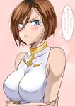  :t apollonia_vaar bare_shoulders blush breasts brown_hair crossed_arms frown granblue_fantasy hair_between_eyes highres large_breasts looking_at_viewer murabito_sono2 pink_background pout short_hair solo translated tsundere 