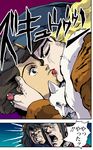  2girls animal animal_in_clothes araki_hirohiko_(style) blonde_hair closed_eyes facial_hair fox fur_coat gyakuten_kenji gyakuten_kenji_2 gyakuten_saiban hand_on_another's_cheek hand_on_another's_face hat ichijou_mikumo jewelry jojo_no_kimyou_na_bouken kiss lipstick makeup mitsurugi_reiji miwa_marii mixhot multiple_boys multiple_girls mustache open_mouth parody police_hat ring shigaraki_tateyuki stubble style_parody sweat translation_request zukyuun 