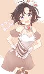  antenna_hair apron black_hair bow bowtie earrings gloves hair_ornament idolmaster idolmaster_(classic) jewelry kikuchi_makoto looking_at_viewer mcyu purple_eyes short_hair white_gloves 