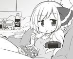 bag bottle camisole chips chopsticks controller fang food greyscale hair_ribbon jagabutter monochrome open_mouth potato_chips remote_control ribbon rumia short_hair sitting touhou 