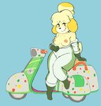  alternate_costume animal_ears blonde_hair blue_background blush_stickers boots breasts dog_ears dog_tail doubutsu_no_mori furry gloves ground_vehicle highres inverted_nipples mario_kart mario_kart_8 motor_vehicle nipples off_shoulder plump racing_suit scooter shizue_(doubutsu_no_mori) smile solo tail thick_thighs thighs topknot topless undressing vespa what's_a_lewd? 