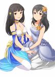  black_hair breasts brown_eyes cleavage cosplay costume_switch dani-ikapi dress fujiwara_hajime gloves idolmaster idolmaster_cinderella_girls kurokawa_chiaki long_hair medium_breasts multiple_girls thighhighs 