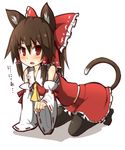  all_fours animal_ears bare_shoulders bow brown_hair cat_ears cat_tail detached_sleeves fang hair_bow hakurei_reimu kemonomimi_mode kumo_(atm) long_hair open_mouth pantyhose red_bow simple_background solo sweat tail touhou white_background wide_sleeves 