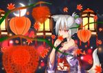  akasabi animal_ears autumn_leaves bare_shoulders breasts chinese_lantern_(plant) cleavage collarbone crescent_moon flower hair_flower hair_ornament highres inubashiri_momiji japanese_clothes kimono leaf looking_at_viewer maple_leaf medium_breasts moon morning_glory red_eyes short_hair silver_hair solo tail touhou wolf_ears wolf_tail yukata 