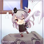 1girl admiral_(kantai_collection) amatsukaze_(kantai_collection) annoyed bad_id bad_pixiv_id cheek_poking chibi dress eighth_note flailing gloves hair_tubes hat kantai_collection long_hair long_sleeves musical_note nor_nao one_eye_closed open_mouth out_of_frame poking sailor_collar sailor_dress silver_hair spoken_musical_note striped striped_legwear twitter_username two_side_up wavy_mouth 