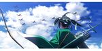  aircraft airplane arrow bad_id bad_nicoseiga_id black_hair blue_sky bow_(weapon) cloud day from_behind hair_ribbon highres holding holding_weapon japanese_clothes kantai_collection kinosuke_(sositeimanoga) long_hair quiver remodel_(kantai_collection) ribbon short_hair sky solo souryuu_(kantai_collection) twintails weapon wind 
