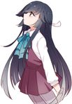  black_hair blush brown_eyes cowboy_shot from_side hayashimo_(kantai_collection) kantai_collection long_hair long_sleeves looking_up neck_ribbon pantyhose profile ribbon school_uniform sharlorc simple_background solo very_long_hair white_background 