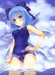  &gt;:) armpits bad_hands blue blue_eyes blue_hair blue_sky blush bow breasts cirno cloud day fang fang_out hair_bow hand_on_hip ice ice_wings kitou_kaitai looking_at_viewer md5_mismatch medium_breasts one-piece_swimsuit school_swimsuit sky smile solo swimsuit touhou v-shaped_eyebrows water wet wet_hair wings 