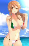  beach bikini breasts brown_eyes brown_hair cloud day flag_print italian_flag italian_flag_bikini italy kantai_collection large_breasts littorio_(kantai_collection) long_hair looking_at_viewer moshoko_(mizuneroku) outdoors print_bikini sky solo striped sweat swimsuit vertical-striped_bikini vertical_stripes 