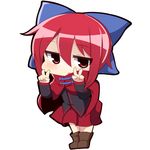  :o boots cape chibi double_v full_body hair_ribbon long_sleeves looking_at_viewer pleated_skirt red_eyes red_hair ribbon sekibanki short_hair simple_background skirt solo touhou twumi v white_background 