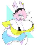 abstract_background absurd_res anthro big_breasts blue_hair bottomwear bra breasts clothing emanata female fur hair hi_res huge_breasts lagomorph leporid mammal multicolored_hair nonarycubed pb_(theycallhimcake) pink_hair rabbit shirt shorts topwear translucent translucent_clothing translucent_shirt translucent_topwear underwear white_body white_fur