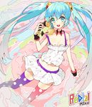  blue_eyes blue_hair breasts camisole cleavage cloud detached_collar hatsune_miku large_breasts long_hair looking_at_viewer midriff mismatched_legwear navel parfait_(ryunghu) phone pink_legwear polka_dot polka_dot_legwear purple_legwear redial_(vocaloid) rotary_phone smile solo talking_on_phone tattoo thighhighs twintails very_long_hair vocaloid 