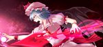  ascot bad_id bad_pixiv_id bat_wings blue_hair brooch energy_ball fangs fingernails gradient gradient_background hat hat_ribbon highres jewelry light_trail mob_cap nail_polish older open_mouth outstretched_hand profile puffy_short_sleeves puffy_sleeves red_background red_eyes red_nails remilia_scarlet ribbon sash sharp_fingernails sharp_teeth short_hair short_sleeves skirt skirt_set solo spear_the_gungnir teeth touhou wings wrist_cuffs zeramu 
