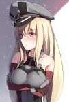  bad_id bad_pixiv_id bare_shoulders bismarck_(kantai_collection) blonde_hair blue_eyes breast_hold breastplate breasts collarbone crossed_arms gloves hat kantai_collection large_breasts long_hair looking_to_the_side military military_hat military_uniform peaked_cap solo uniform upper_body veilrain 