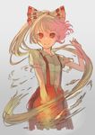  albino alternate_hairstyle colorized fujiwara_no_mokou gradient gradient_background grey_background hair_ornament hair_ribbon jpeg_artifacts long_hair looking_at_viewer pants pisoshi ponytail red_eyes ribbon severed_hair shirt short_sleeves simple_background sketch smile solo torn_clothes torn_sleeves touhou white_hair 