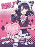  ;d animal_ears bad_id bad_pixiv_id bell blue_hair bow bowtie cat_ears character_name copyright_name curly_hair cyan_(show_by_rock!!) d_omm dated green_eyes guitar happy_birthday headdress heart heart_guitar instrument looking_at_viewer one_eye_closed open_mouth short_hair show_by_rock!! smile solo strawberry_heart striped striped_legwear 