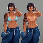  abs arm_tattoo avatar_legends biceps bikini bikini_top_only blue_bikini blue_eyes bra breasts brown_hair dark-skinned_female dark_nipples dark_skin dumbbell headphones highres iahfy korra muscular muscular_female navel nipples pants short_hair stomach sweatpants swimsuit tan tanlines tattoo the_legend_of_korra topless underwear 