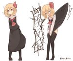  ? arms_behind_back ascot barefoot black_legwear blonde_hair blush dual_persona full_body hair_ornament hair_ribbon long_sleeves looking_at_viewer looking_down natsuki_teru open_mouth red_eyes ribbon rumia shirt shoes short_hair shouting simple_background skirt skirt_pull skirt_set speech_bubble text_focus thighhighs touhou twitter_username upskirt vest white_background 