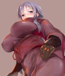  afukuro armor bad_id bad_pixiv_id blush breasts covered_nipples dragon_yukano highres japanese_armor kote large_breasts long_hair ninja_slayer purple_eyes purple_hair scarf solo 