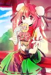  bandages bun_cover chinese_clothes cuffs double_bun doughnut eating flower food ibaraki_kasen makuwauri pink_hair pon_de_ring red_eyes rose short_hair sitting skirt solo tabard touhou 