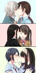  anastasia_(idolmaster) bangs black_hair blush brown_hair cheek_kiss chin_grab closed_eyes hayami_kanade highres hinagi_(fox_priest) idolmaster idolmaster_cinderella_girls imminent_kiss kiss long_hair love_laika multiple_girls nitta_minami parted_bangs sagisawa_fumika school_uniform shibuya_rin shimamura_uzuki short_hair smile yuri 