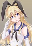  anti_(untea9) bare_shoulders blonde_hair blue_eyes bow chestnut_mouth commentary_request elbow_gloves finger_to_head furrowed_eyebrows gloves hair_bow hairband kantai_collection long_hair looking_at_viewer neckerchief open_mouth sailor_collar shimakaze_(kantai_collection) simple_background solo sweat twitter_username upper_body white_background 
