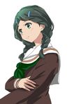  black_hair braid brown_shirt green_eyes green_neckwear hair_ornament hairclip hibike!_euphonium looking_to_the_side miro_(katsushikashibamata) neckerchief saitou_aoi school_uniform shirt solo standing twin_braids white_background 