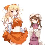  ascot bad_id bad_pixiv_id bare_shoulders blonde_hair bow brown_eyes brown_hair cosplay costume_switch crop_top crop_top_overhang detached_sleeves dress hair_bow hair_ornament hair_ribbon hair_tubes hakurei_reimu hakurei_reimu_(cosplay) hat hat_bow hat_ribbon japanese_clothes juliet_sleeves long_hair long_sleeves looking_at_another looking_at_viewer midriff miko mob_cap multiple_girls navel open_mouth oversized_clothes pose puffy_sleeves purple_eyes red_eyes ribbon ribbon-trimmed_sleeves ribbon_trim sarashi shinoba shirt simple_background skirt skirt_lift skirt_set sleeves_past_wrists smile sparkle sweatdrop tabard touhou tress_ribbon undersized_clothes white_background white_dress wide_sleeves yakumo_yukari yakumo_yukari_(cosplay) 