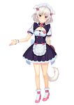  absurdres animal_ears apron blue_eyes blush bow cat_ears cat_tail cleavage_cutout commentary eventh7 high_heels highres looking_at_viewer maid maid_headdress name_tag nekopara original short_hair simple_background solo tail waist_apron white_background white_hair wrist_cuffs 
