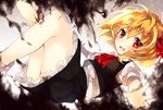 ascot bad_id bad_pixiv_id blonde_hair darkness hair_ribbon looking_at_viewer open_mouth outstretched_arms puffy_short_sleeves puffy_sleeves red_eyes ribbon rumia shirt short_sleeves skirt skirt_set smile solo sweetroad touhou vest 