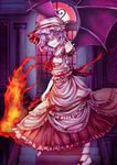  adapted_costume alternate_costume alternate_eye_color bad_id bad_pixiv_id bat_wings bow evil_grin evil_smile fire frills full_body grin hat hat_ribbon highres kenzaki_raki lavender_hair long_skirt looking_at_viewer mob_cap outstretched_arm pink_eyes puffy_sleeves red_skirt remilia_scarlet ribbon sash shirt short_hair short_sleeves skirt skirt_set smile solo spear_the_gungnir stairs touhou window wings 