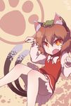  animal_ears bow brown_hair cat_ears cat_paws cat_tail chen clenched_hands ear_piercing fang hat kitsunetsuki_itsuki long_sleeves multiple_tails nekomata open_mouth orange_eyes paw_pose paw_print paws piercing sash short_hair solo tail touhou two_tails 