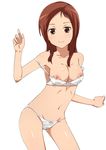  1girl blush bra bra_pull breasts brown_eyes brown_hair female ichihisa long_hair navel nipples panties saki simple_background smile solo tagme takei_hisa underwear underwear_only white_background 