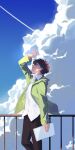  1boy black_pants blue_sky cardigan closed_eyes cloud collared_shirt contrail cumulonimbus_cloud green_cardigan green_hoodie hand_up highres holding holding_sketchbook hood hooded_cardigan hoodie jacket kagerou_project kokonose_haruka long_sleeves munidoru open_clothes open_jacket pants railing shirt sketchbook sky solo white_shirt 