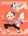  alternate_costume alternate_headwear animal_ears animal_hood bad_id bad_twitter_id bat_wings blonde_hair blue_hair blush bow bowtie crystal fake_animal_ears fighting_stance flandre_scarlet full_body highres hood leg_up long_sleeves looking_at_viewer multiple_girls open_mouth outstretched_arms panda_ears pants red_background red_eyes remilia_scarlet shinoba shirt shoes short_hair side_ponytail smile touhou vest wide_sleeves wings yie_ar_fan_club_(vocaloid) 