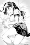  ahoge blush breasts closed_eyes danbo_(rock_clime) greyscale highres kantai_collection large_breasts long_hair lying miniskirt monochrome on_side pillow pleated_skirt school_uniform serafuku skirt sleeping solo ushio_(kantai_collection) 