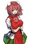  bad_id bad_pixiv_id breasts bun_cover crossed_arms double_bun error flower ibaraki_kasen large_breasts looking_at_viewer open_mouth pink_flower pink_rose puffy_short_sleeves puffy_sleeves red_eyes red_hair rose shirt short_sleeves skirt solo tabard takemori_shintarou touhou 