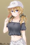  alternate_costume anchor_hair_ornament anti_(untea9) arm_behind_back bare_shoulders baseball_cap blonde_hair blue_eyes blush brown_background casual commentary_request corndog crop_top food furrowed_eyebrows hair_ornament hat kantai_collection ketchup looking_at_viewer low_twintails midriff navel off_shoulder prinz_eugen_(kantai_collection) sausage simple_background solo twintails twitter_username upper_body wavy_mouth 