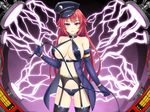  1girl bare_shoulders blush breasts cleavage dmm elbow_gloves female garter_straps gloves hat large_breasts legs lightning long_hair looking_at_viewer machine navel red_eyes red_hair solo standing thighhighs thighs whip 